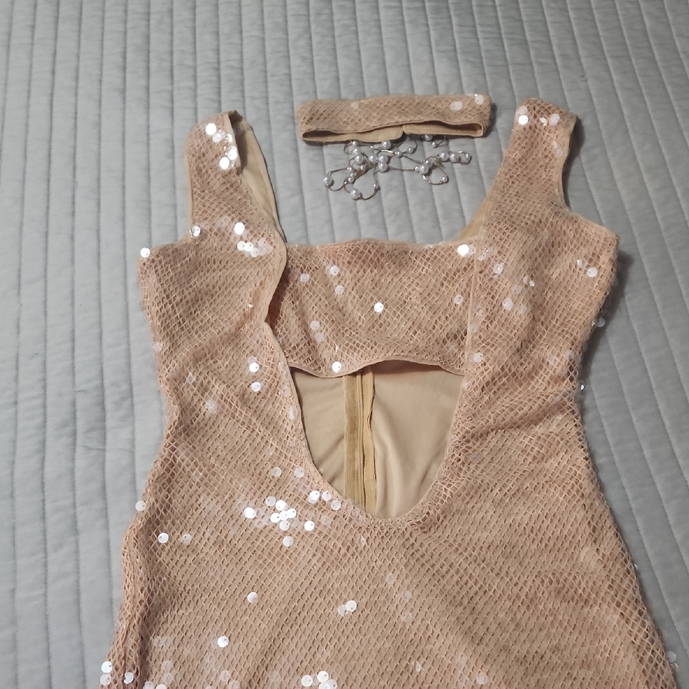 Sparkling Beige Sequin Dress with Chocker